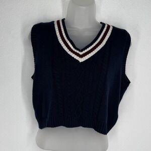 Witty Fox Navy Blue Cable Knit V-Neck Cropped Sweater Vest Small Preppy Varsity